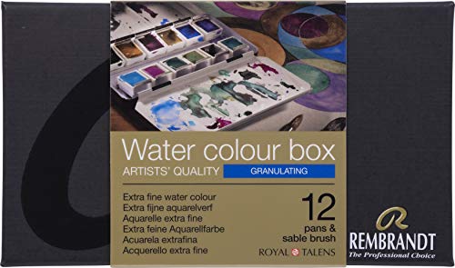 Rembrandt Water Colour Box Granulating - Pintura de acuarela extrafina, caja de metal con 12 tonos granulados, incluye pincel