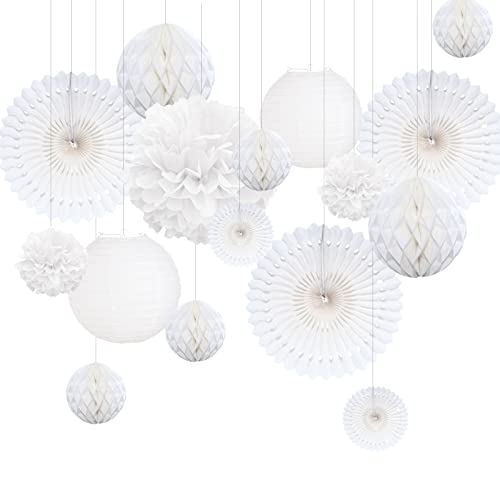 Himeland 17 Pompones Blanco Decoracion Bautizo Niño, Flores Pompom de Seda, Abanicos de Papel, Farolillos, Bolas de Nido de Abeja Guirnaldas, Decoración Fiesta de Bienvenida de Bebe, Cumpleaños