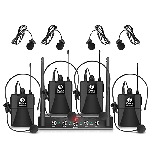 Debra Audio Pro UHF 4-Channel Wireless Microphone System with Lavalier Handheld Headworn Microphone, Ideal for Karaoke Parties (con 4 Bodypack (B))