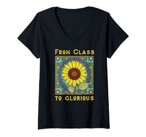 Mujer Vidrieras con diseño de girasol, colorido Camiseta Cuello V