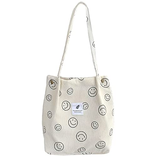 KEYRI Bolsa Tote Bag Bolsa Compra Bolsa de Pana Grande para Mujer Lavable Reutilizable Bolsas de Hombro Patrón de Cara Sonriente Bolsas Manualidades Ideal para Compras Colegio Trabajar Viajar (Blanco)