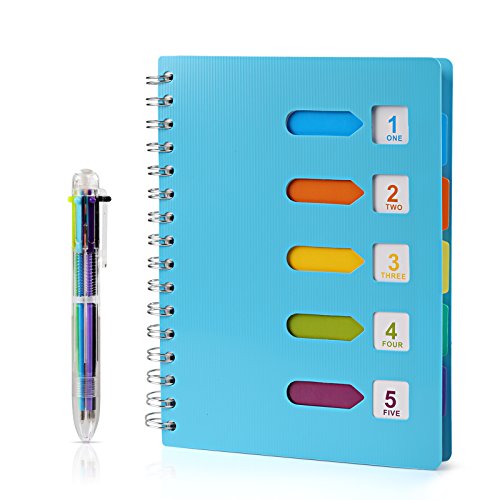 Kesote A5 Cuaderno Espiral con Etiquetas de 6 Color y A Bolígrafo de 6 Color A5 Notebook para Escuela, Oficina o Hogar, 120 Hojas