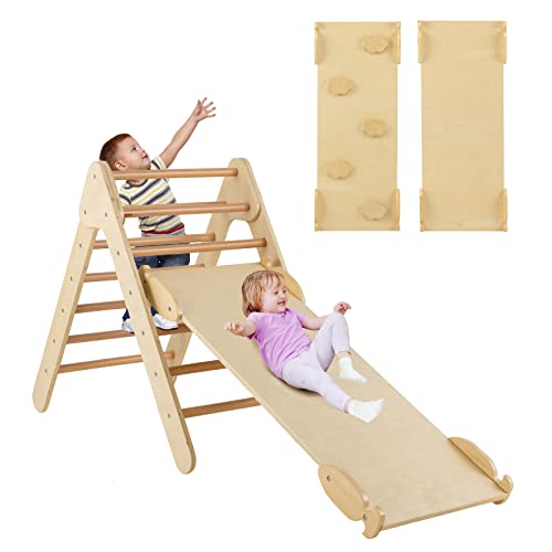 COSTWAY 3 en 1 Triángulo de Escalada con Rampa Ajustable para Escalar y Deslizarse, Escalador Triangular de Madera, Juguetes Triangulares de Escalada para Niños Pequeños