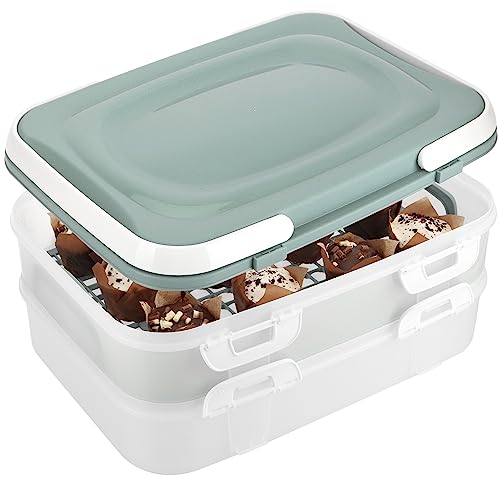 com-four® Contenedor de fiesta con 2 niveles e inserto de elevación - Caja de transporte de pasteles para alimentos - Contenedor de pasteles con asa (01 pieza - contenedor turquesa pastel)