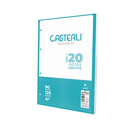 CASTERLI - 72617 Recambio 100+20 Hojas con margen. Tamaño A4, 4 Taladros, Papel de 90 gr (A4, CUADROS 4X4 MM)