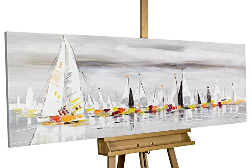 Kunstloft Cuadro decorativo | 100% PINTADO A MANO | 150x50cm | Pintura 'Por los siete mares' | Barcos y botes | Gris | Cuadro moderno en lienzo