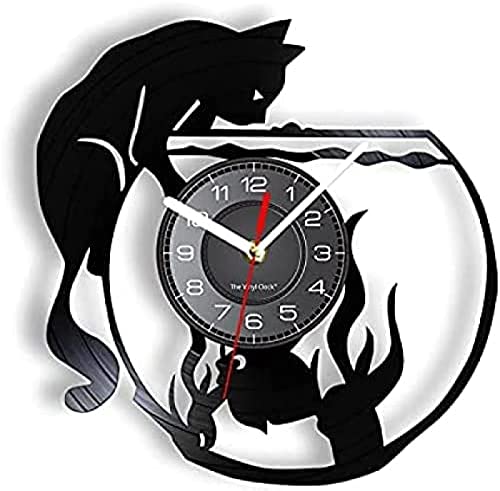 YUNKOU12 pulgadas silencioso sin hacer tictac reloj de pared de vinilo gato capturando peces pecera reloj de pared hecho de disco de vinilo Real vívido disco de vinilo reloj de pared cortado con láser