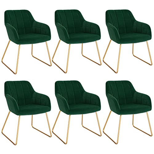 WOLTU 6X Sillas de Comedor, Sillas Ergonómicas con Respaldo y Brazos, Sillas de Terciopelo Transpirable con Patas Doradas, Sillones para Dormitorio, Salón y Comedor, Verde Oscuro, BH333dgn-6