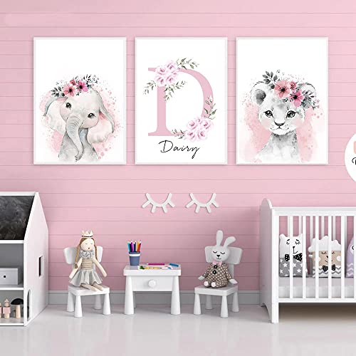 3 Poster Personalizado Bebe Cuadro Nombre Niña Flores León Elefante Rosa y Gris Decoracion Pared Dormitorio Infantil Regalo 30 x 40 cm sin Marco