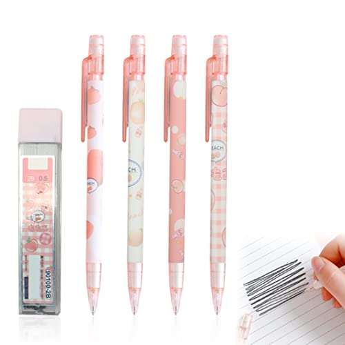 SULIUDAJI 4 Piezas Lápiz Automático Portaminas y Recarga de Lapiz de 0.5MM(100pcs),No Es Fácil de Romper Juego de Portaminas para Dibujo Escritura Bosquejo(melocotón rosa)