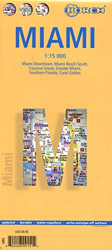 Miami, plano callejero plastificado. Escala 1:15.000. Borch.: Miami Downtown, Miami Beach South, Coconut Grove, Greater Miami, Southern Florida, Coral Gables (Borch Map)