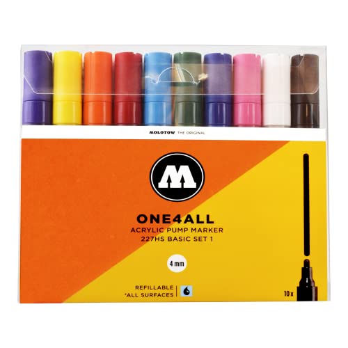 Molotow One4All 227HS - Lápices acrílicos (alta cobertura y permanentes, resistentes a los rayos UV, para casi todas las superficies), color multicolor 10 unidades