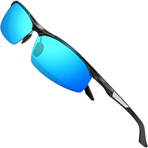 SIPLION - Gafas de sol polarizadas para hombre, gafas de sol, gafas de sol, Al-Mg, marco de metal, ultra ligeras 8729 negro/azul lentes de espejo. M