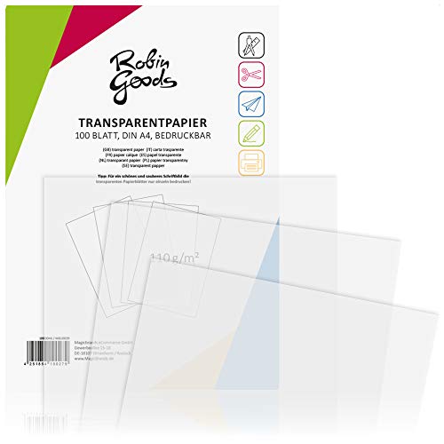 Robin Goods® 100 hojas de papel transparente premium DIN A4, 110 g/m², super calidad, imprimible, papel artesanal, papel de calco, papel pergamino, papel de arquitecto (100 hojas - transparente)
