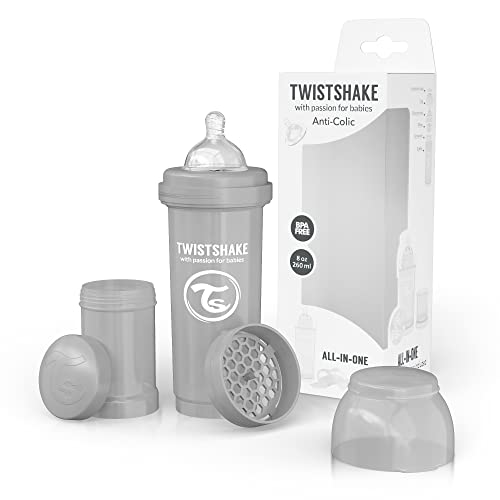 Twistshake Biberón Anti-cólicos con Tetina Flujo Medio de Silicona para Bebés, la Alimentación Biberón Con Tetina Similar al Pecho, Botella para Beber de Leche, 260 ml, Sin BPA, 2+ Meses, Gris Pastel