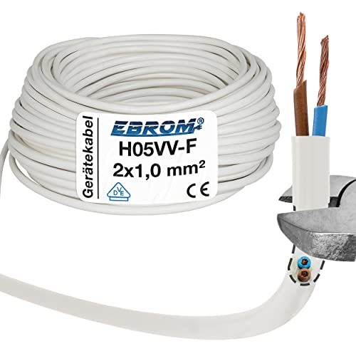 Cable de manguera de plástico redondo LED H05VV-F 2 x 1 mm² (mm2) – Color: Blanco 5 m/10 m/15 m/20 m/25 m/30 m/35 m/40 m/45 m/50 m/55 m/60 m, etc. hasta 100 m en 5 metros de pasos a elegir