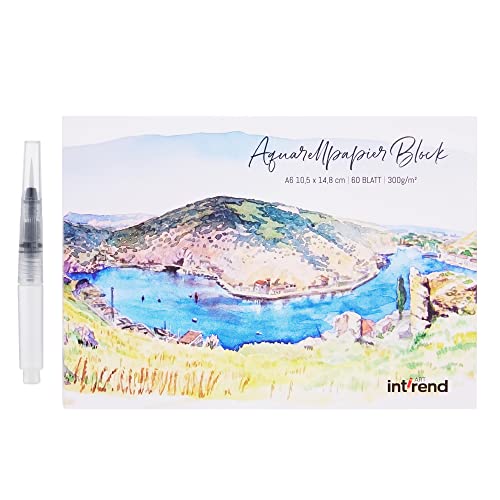 Int!rend Bloc Papel Acuarela DIN A6 300gr - 60 Papeles Blancos para Acuarelas + Pincel con Tanque de Agua y Lápiz - Block de Tarjetas Postales Watercolor