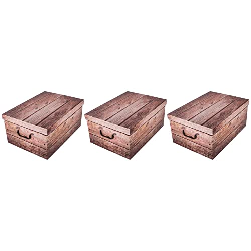AC – Pack de 3 Cajas de cartón plegable - Caja de almacenaje - Organizador de espacios, plegable, con tapa – Diseño de Madera Oscura - 51 x 37 x 24 cm