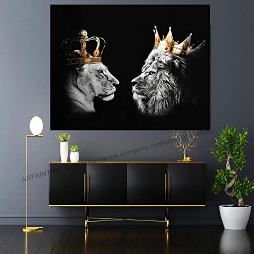 Pintura en lienzo de animales en blanco y negro Cabeza de rey y reina de león con carteles de corona dorada Impresión de arte de pared Pictrue para decoración del hogar 90x118cm (35x46in)