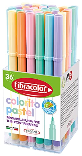 FIBRACOLOR 10550SW036BA, Rotuladores Colorito Pastel, tarro 36 piezas, 3 unidades cada uno de 6 colores pastel, punta fina, superlavables