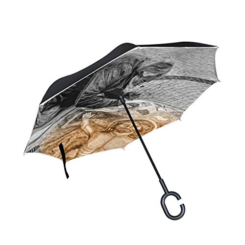 MONTOJ Paraguas de Doble Capa con Forma de C para Dibujar en el Suelo, a Prueba de Viento, Plegable, a Prueba de Rayos UV, invertido con asa y Paraguas de Viaje