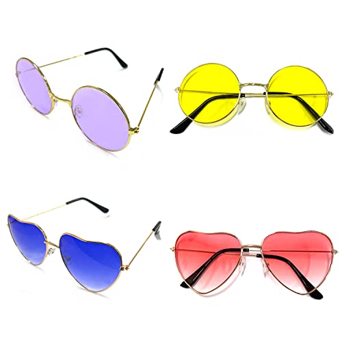 BEIIEB Paquete de 4 gafas de sol hippie, que incluye 2 gafas redondas (púrpura, amarillo) y 2 gafas de corazón (rosa, azul), elegantes gafas de sol opacas, accesorios hippie