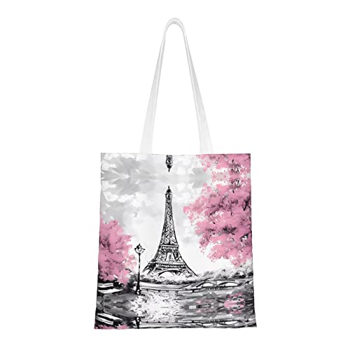 Pintura al óleo París Torre Eiffel Bolsa de la compra de mano :>> Ligero y suave, adecuado para viajes diarios, compras de 16 x 15 pulgadas, Negro