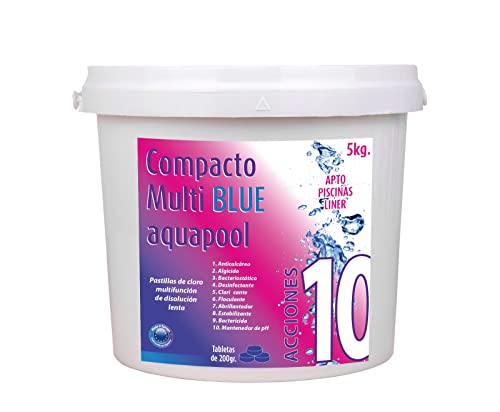 Compacto 10 ACCIONES AQUAPOOL (200 GR) - Pastillas de Cloro multifunción - Disolución Lenta - Apto Piscinas Liner (5 KG)