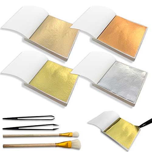 200 piezas de hojas de oro de imitación multiusos, papel de hoja de oro, 4 colores, con 2 bolígrafos de lana y 2 pinzas de plástico, para decoración artística, manualidades, dorado