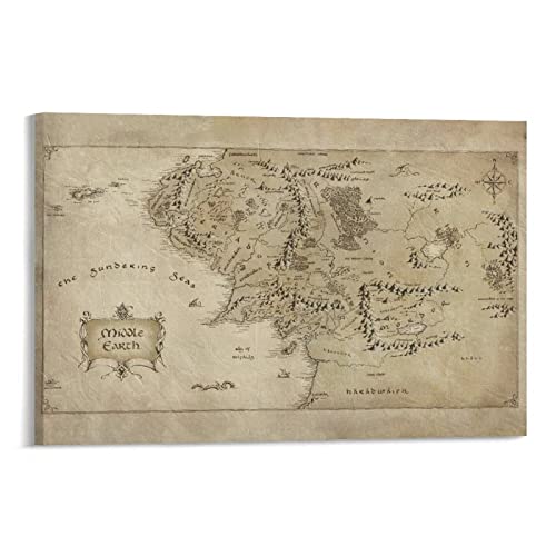 Póster de lienzo vintage con diseño de Hobbit de la Tierra Media, diseño de mapa del mundo de la pared, impresiones para colgar, idea de regalo, decoración para el hogar, pósteres de 50 x 75 cm