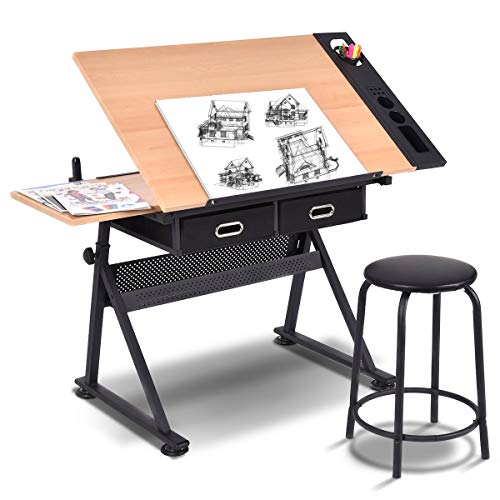 COSTWAY Mesa de Dibujo para Arte Diseño Ángulo y Altura Ajustable Escritorio para Oficina con Cajón Silla