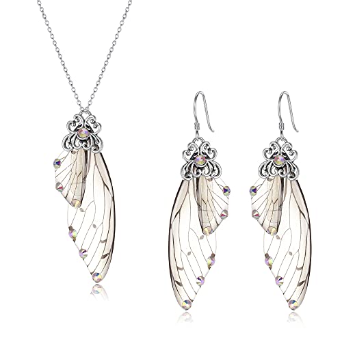 Clearine Juegos de Joyas de Mujer Mariposa Ala Joyería Conjunto Simulación Insecto Gota Alas de Hadas Colgante Collar Pendientes Colgantes Conjunto,Color Iridiscente AB Plata-Tono