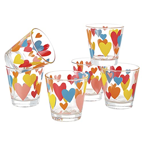 Baroni Home - Juego de 6 vasos de agua Made in Italy, decoración impresa en el cristal, Capacidad 25 cl. Dibujo: Corazones