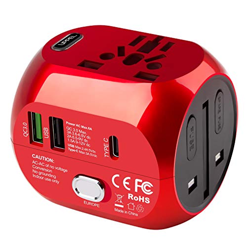 Milool Adaptador Enchufe de Viaje Universal Adaptador con Tres Puertos USB y Tipo-C(3A) para EU AU US UK Más de 150 Países y Seguridad para Tableta PC,Smartphones,Cámaras,Reproductores de MP3 (Rojo)