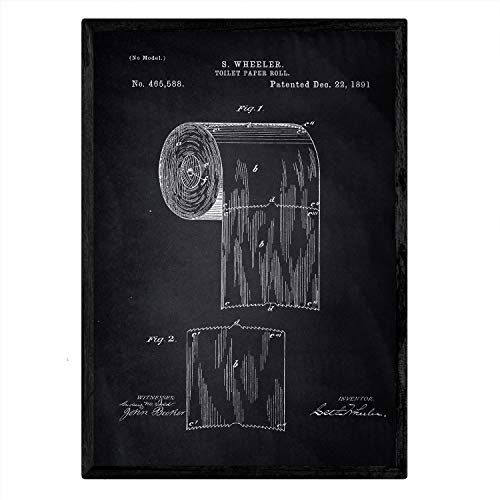Nacnic - Poster Patente Papel Higiénico - Lámina Decorativa Vintage Fondo Negro - Impresión Ilustración con Plano Invento Rollo Papel Water, WC
