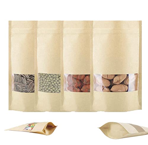 Bolsas de Papel Kraft con Ventana, 100 Piezas Bolsas Zip de Almacenamiento, Impermeable Reutilizable Bolsitas Papel Kraft Selladas para Alimentos té Granos de Semillas Frutas Secas (100, 12X20cm)