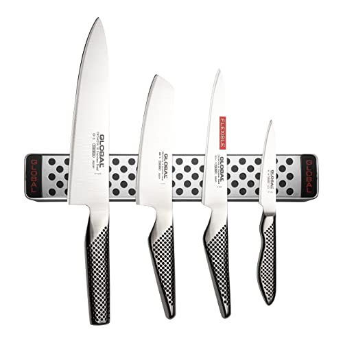 Global Set 4 cuchillos (G-2, cocinero, 20cm, GS-5, vegetales, 15cm, GS-11, utilitario flexible, 15cm, y GS-38, puntilla, 9cm) y una barra magnética, 31cm (G-42/31), G-251138/M30
