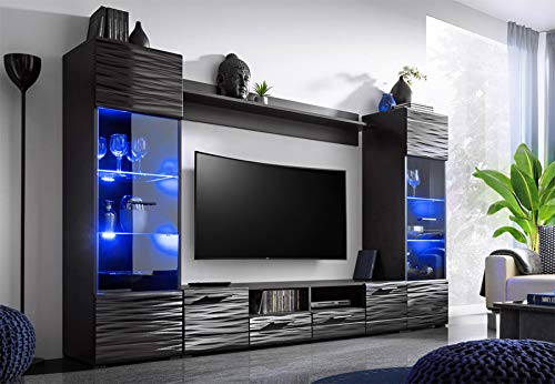 BIM Furniture Modic - Juego de vitrina para salón (260 cm, luz LED, brillante), color negro
