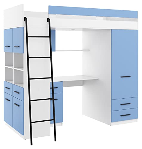 BIM Furniture Litera de nivel L, 200 x 90 cm, juego de cama alta para dormitorio, escritorio, armario, armario para niños, lado izquierdo (blanco/azul cielo)