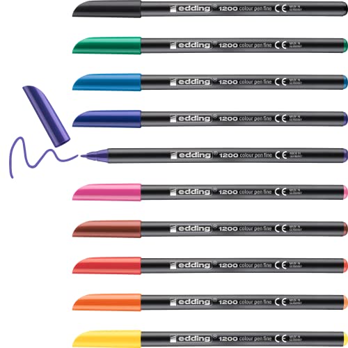 edding 1200 rotuladores finos – Juego de 10 colores brillantes – pluma redonda de 1 mm – Rotulador para dibujar y escribir – Pinceles para dibujar, escribir, colorear, lápices de boceto