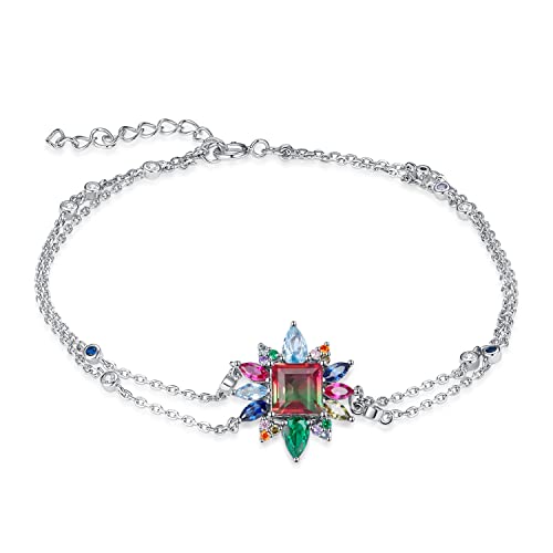 JewelryPalace Girasol Flor Ajustable Pulsera Mujer Plata, Pulsera Niña Doble Cadena Plata de Ley 925 con 4ct Turmalina Sandia Simulado, Brazalete Mujer Iridiscente con Piedra de Colores Conjunto Joyas