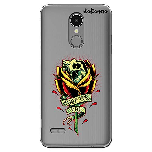 dakanna Funda Compatible con [LG K9] de Silicona Flexible, Dibujo Diseño [Rosa Negra con Frase: Just for Love], Color [Fondo Transparente] Carcasa Case Cover de Gel TPU para Smartphone