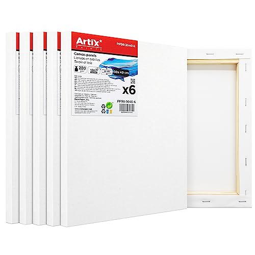 ARTIX - Set de 6 Lienzos para Pintar 30x40x1.5 cm, Paneles Imprimados, 100% Algodón, Lienzos Preestirados para Pintura Acrílica, Con Bastidor de madera, para Artistas Profesionales o Principiantes