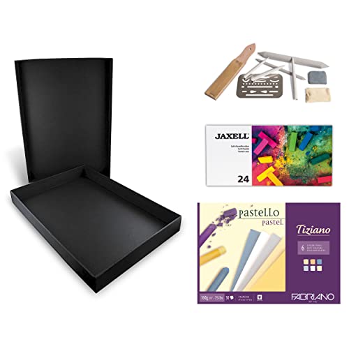 Honsell 14-99890 Pastelli - Set de colores pastel para artistas, caja de almacenamiento negra con 24 tizas de pastel, juego de accesorios de dibujo y un bloque de dibujo en DIN A4