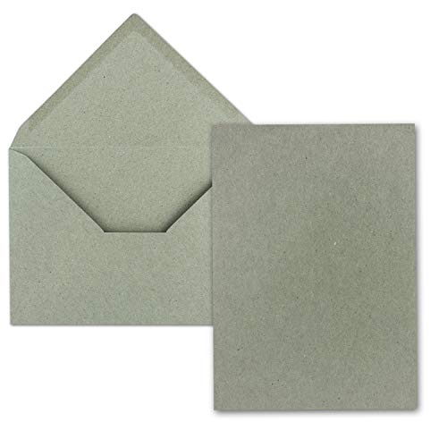 Juego de 50 tarjetas con sobre, tamaño DIN A5, 14,8 x 21 cm, papel de estraza gris con sobres DIN C5, 15,7 x 22,5 cm, adhesivo en húmedo
