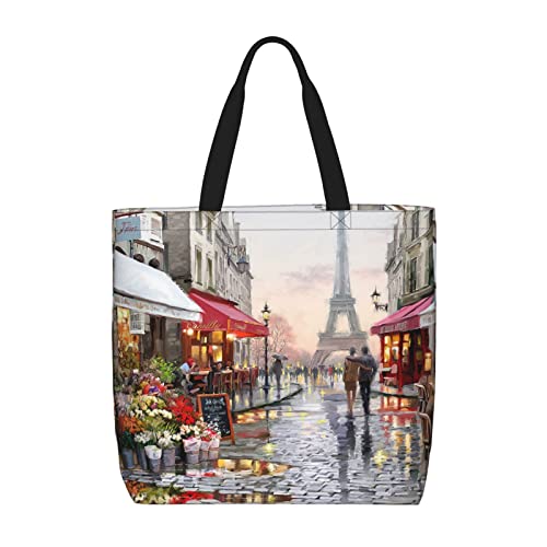 Bolsas de mano estéticas con hojas verdes de palmera para mujer, escuela, oficina, playa, almuerzo, viajes y compras, Pintura al óleo París Street Scene Torre Eiffel, Talla única