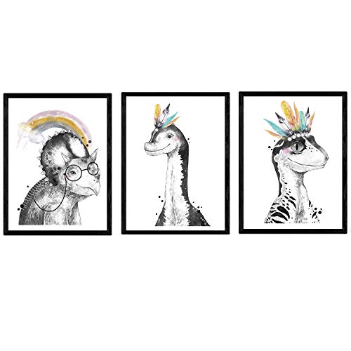 Nacnic Pack de Posters de Dinosaurios Coloridos Plumas. Láminas de Dinosaurios para niños. Tamaño A4 con Marco