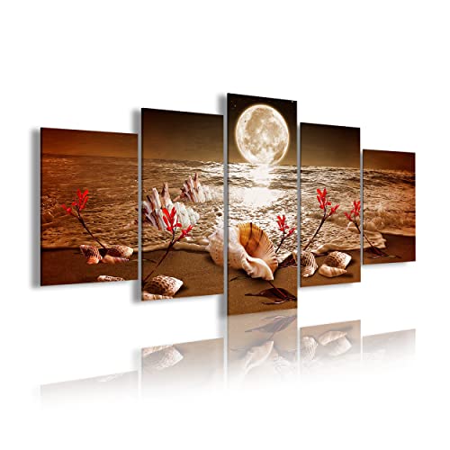 DekoArte 440 - Cuadros Modernos Impresión de Imagen Artística Digitalizada | Lienzo Decorativo Para Salón o Dormitorio | Estilo Paisaje noche Luna Iluminando Playa Flores Rojas | 5 Piezas 200x100cmXXL