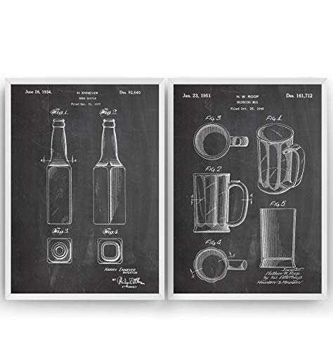 Beer Mug And Bottle Poster de Patente - Conjunto de 2 Impresiones - Patent Print Póster Con Diseños Patentes Decoración de Hogar Bar Pub Kitchen Dining Room Inventos Carteles - Marco No Incluido