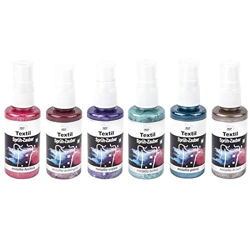 Pintura textil en spray, metalizada, 6x 50 ml | altamente pigmentada | alto brillo para textiles claros y oscuros | a base de agua (Set 2 | fucsia, turquesa, violeta, petróleo, berenjena, marrón)